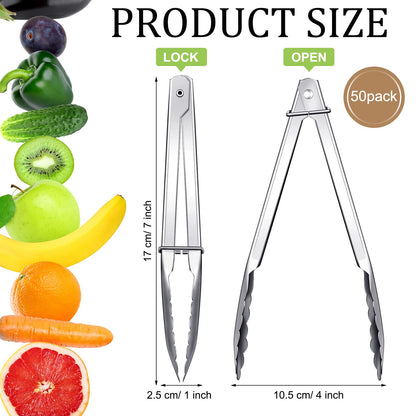 Meanplan 50 Pcs Small Stainless Steel Kitchen Tongs 7 Inch Food Serving Tongs Metal Cooking Clips High Heat Resistant Clips with Sliding Rings for Buffet Food Cooking Salad Grilling, Silver