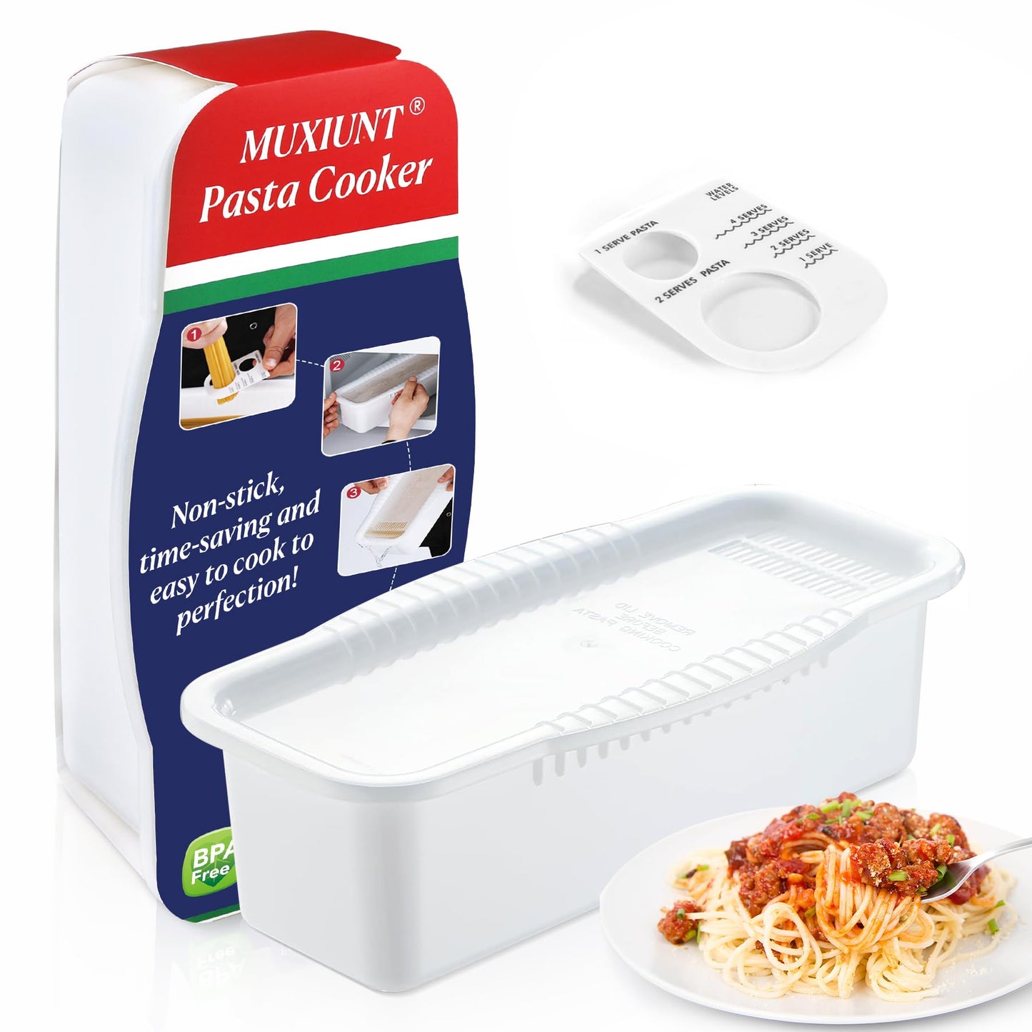MUXIUNT Microwave Pasta Spaghetti Cooker Pot with Strainer Lid,Pasta Cooker in Microwave with Water Level and Spaghetti Portion Measuring Device,Dormitory Office Apartment Kitchen Essentials