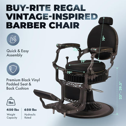 Buy-Rite Regal Professional Vintage Barber Chair - Solid Steel Frame, Heavy-Duty Hydraulic Base, Adjustable Headrest & Flip-Style Footrest, Black Vinyl Upholstery - Model YLG-8788-7