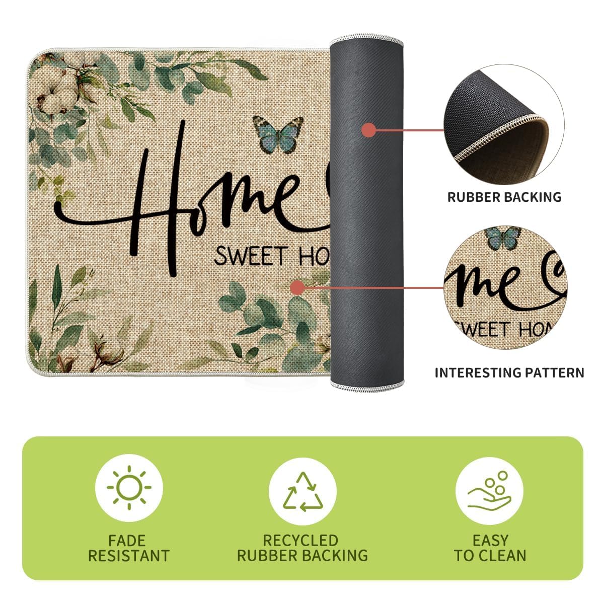 Artoid Mode Cotton Plant Leaf Butterfly Home Spring Kitchen Mats Set of 2, Home Decor Low-Profile Kitchen Rugs for Floor - 17x29 and 17x47 Inch