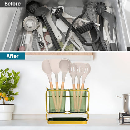 Utensil Holder for Kitchen Countertop, Plastic Organizer with Drain Tray, Wall Mounted Large Crock for Spatula Spoon