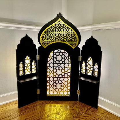 3 Panel Room Divider Folding Privacy Freestanding Partition Portable Wall for Prayer Room Privacy Screen Islamic Theme Room Divider Wood 3ft Ramadan Decorations 39.5"x38.5" (Black Gates)