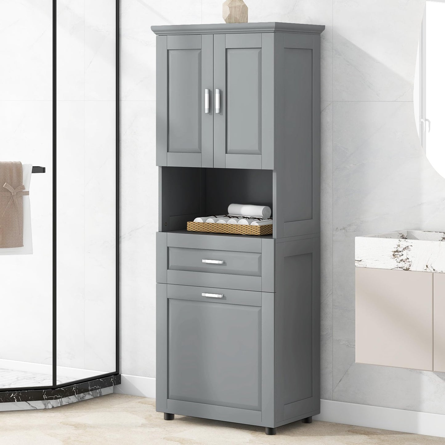 Virubi Tall Laundry Cabinet with Tilt Out Laundry Hamper and Drawer, Modern Wood Bathroom Storage Cabinet with Doors and Adjustable Shelves, Freestanding, Grey