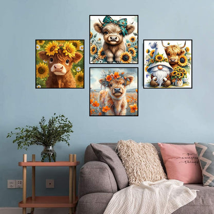 croshom Diamond Art Kits for Adults, 4 Packs Highland Cow & Flowers Diamond Art Painting Kits for Beginners, 5D DIY Full Drill Gem Craft for Adult Gifts, Home Wall Decor 14" x 14"