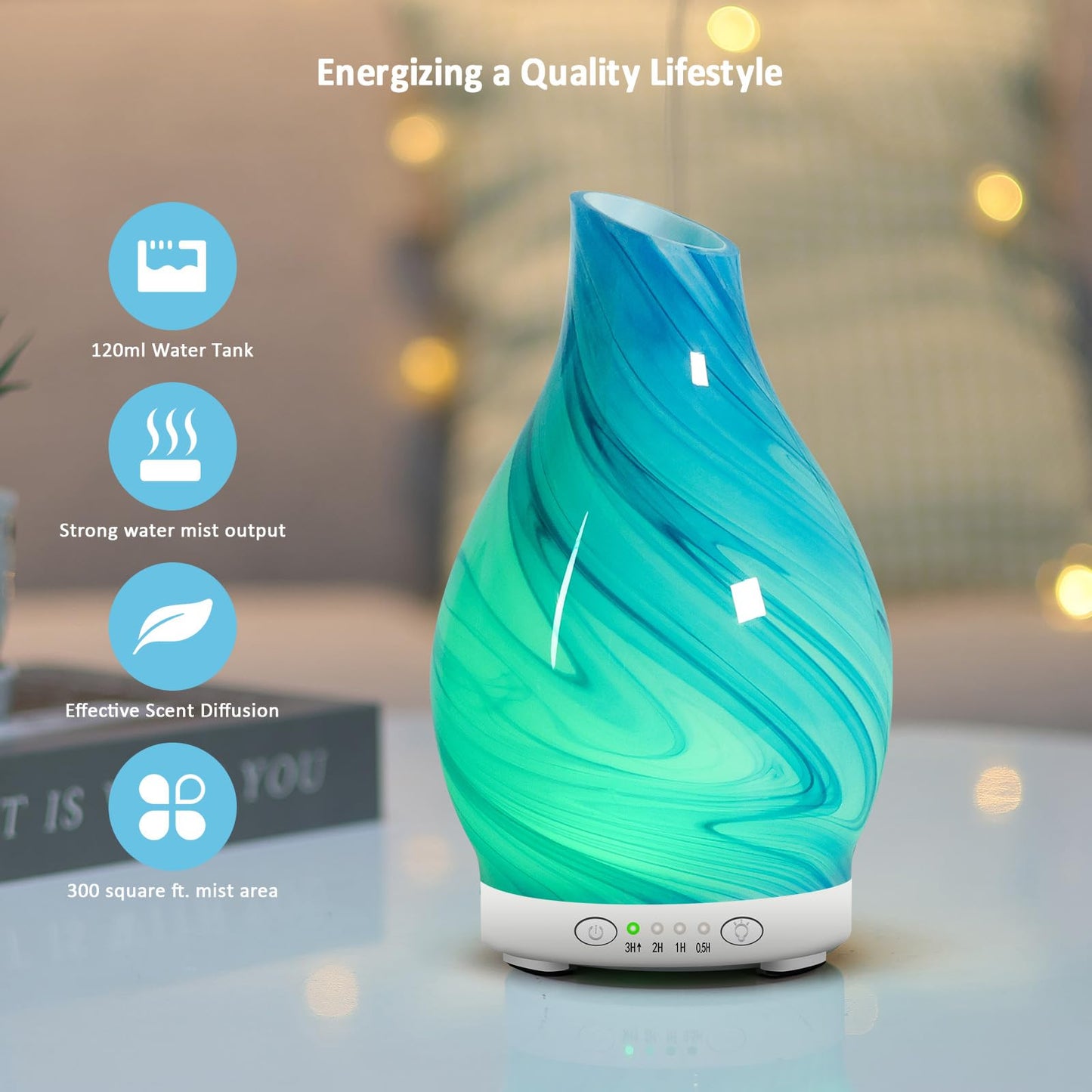 Essential Oil Diffuser 120ML Glass Ultrasonic Aromatherapy Oil Diffuser-Aroma Humidifier Glass Diffuser,7 Color Changing Light Waterless Auto-Off-Ultra-Quiet for Sleeping Yoga Home Office and Spa