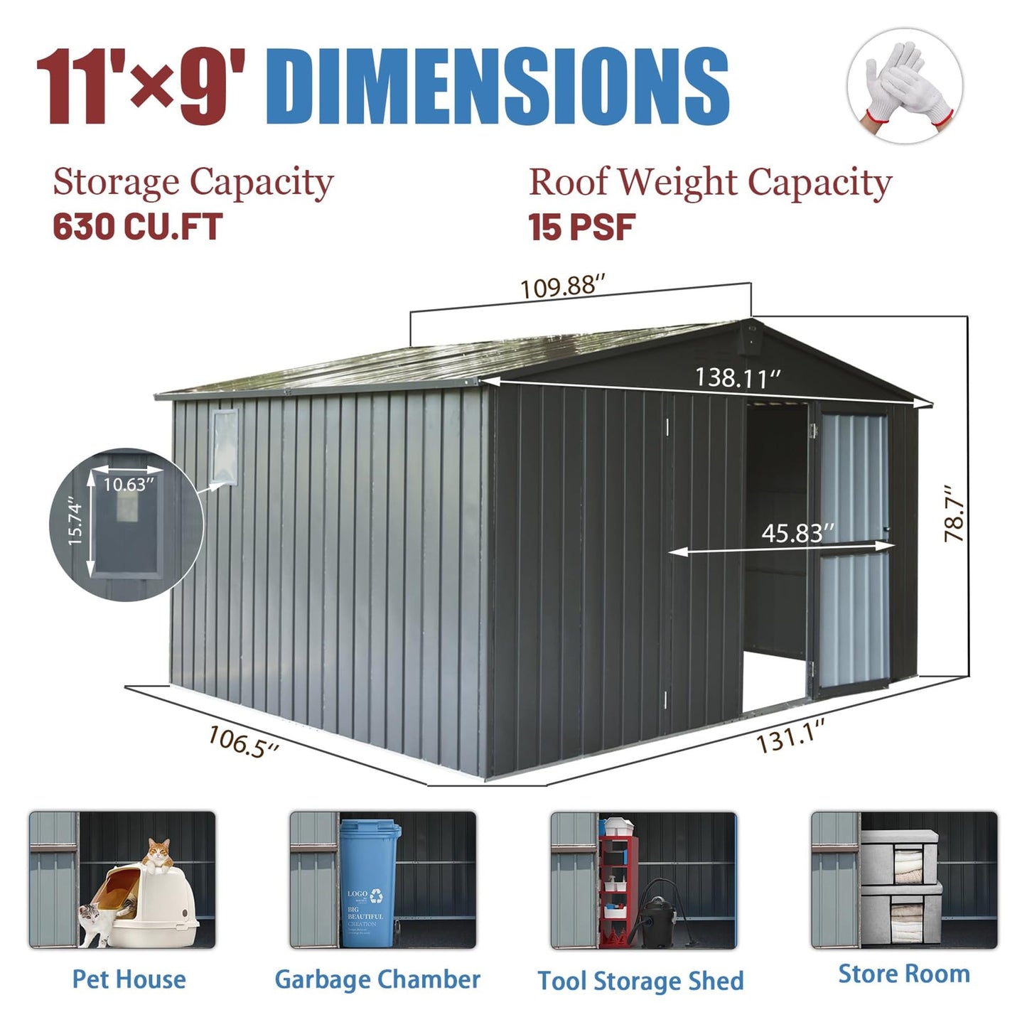 Okak 11 X 9 Ft Metal Outdoor Storage Shed with Lockable Doors Galvanized Metal Garden Shed with Windows Garden Shed Tool Storage Sheds House for Backyard Garden,Patio,Dark Grey