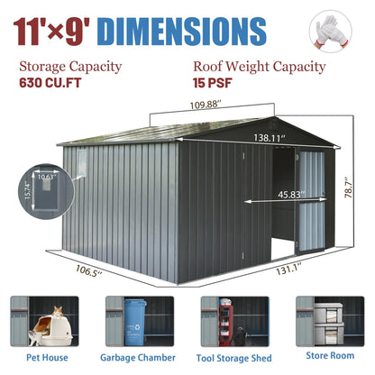 Okak 11 X 9 Ft Metal Outdoor Storage Shed with Lockable Doors Galvanized Metal Garden Shed with Windows Garden Shed Tool Storage Sheds House for Backyard Garden,Patio,Dark Grey