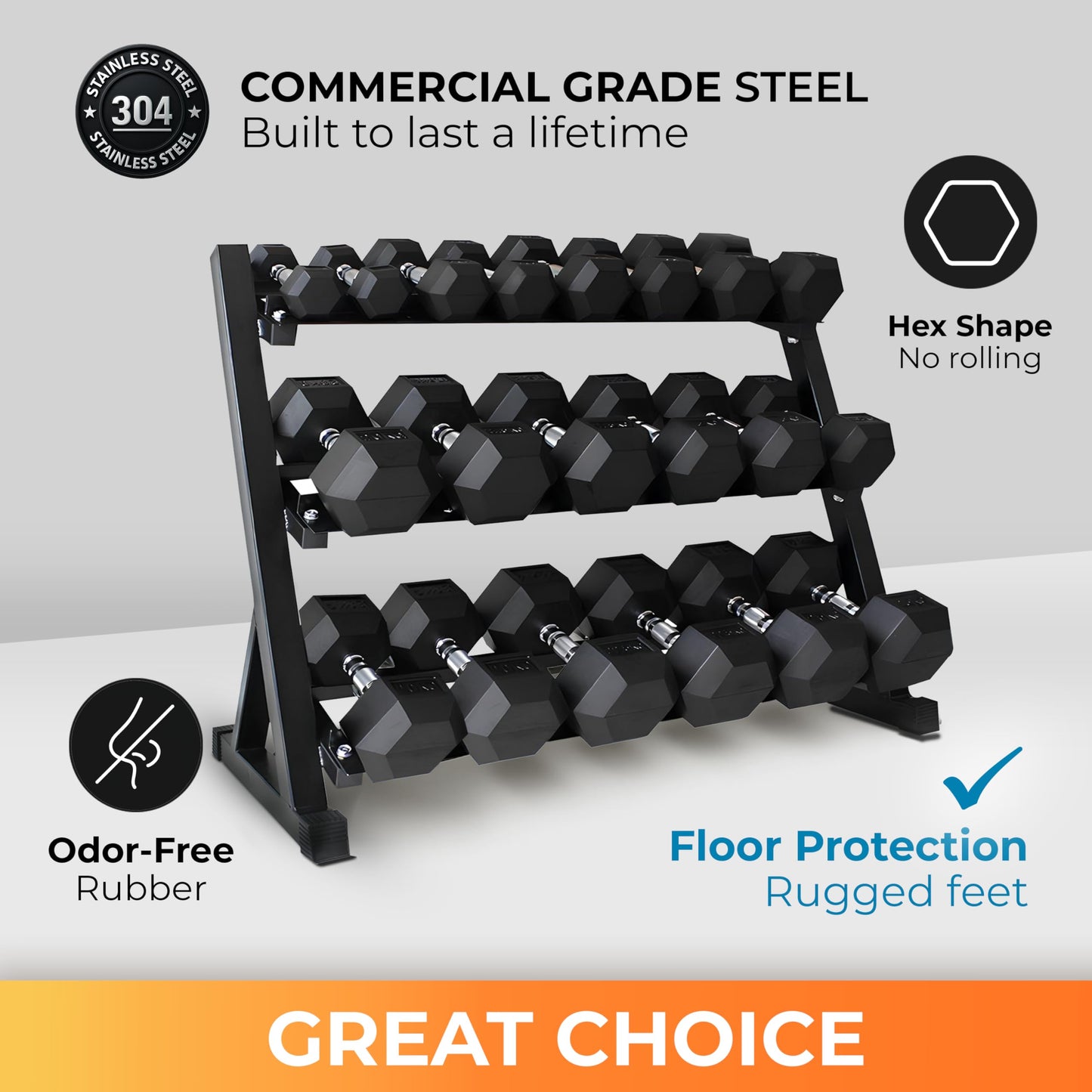 Rubber Hex Dumbbell Set with Rack - 10 Pair of 5-50 lb (550 lbs total) Rubber Coated Dumbbell Set with Weight Rack Stand, Exercise & Fitness Dumbbells Weights Set for Home Gym & Strength Training