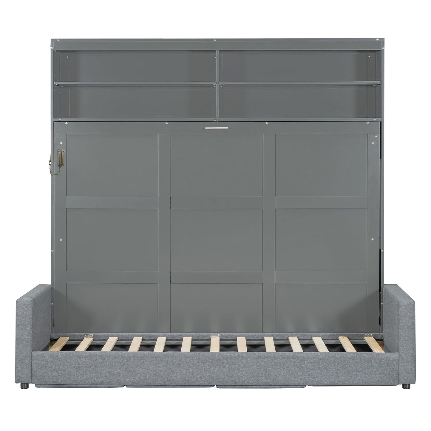 Merax Queen Size Murphy Cabinet Bed with Sofa, Wood Folding Murphy Bed with Open Shelves, Space-Saving Wall Bed for Guest Room and Home Office