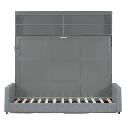 Merax Queen Size Murphy Cabinet Bed with Sofa, Wood Folding Murphy Bed with Open Shelves, Space-Saving Wall Bed for Guest Room and Home Office