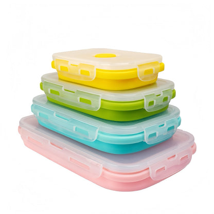 CozyKit Set of 4, Collapsible Silicone Food Storage Container, Leftover Meal Box for Kitchen, Lunch Boxes with Clip-on Lid, Stackable, Space Saving, Dishwasher Safe, BPA Free
