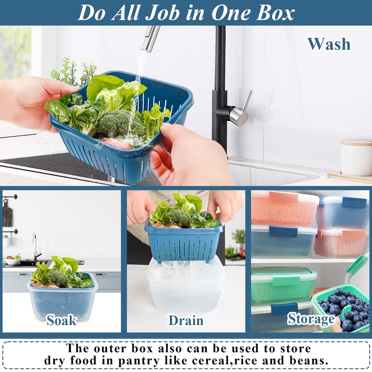 50oz Berry Keeper Fruit Storage Container for Fridge, Fresh Food Produce Saver Containers with Removable Drain Colanders, Vegetable Lettuce Keeper Bowl, Refrigerator Organizer, PRESS TO OPEN CLOSE LID
