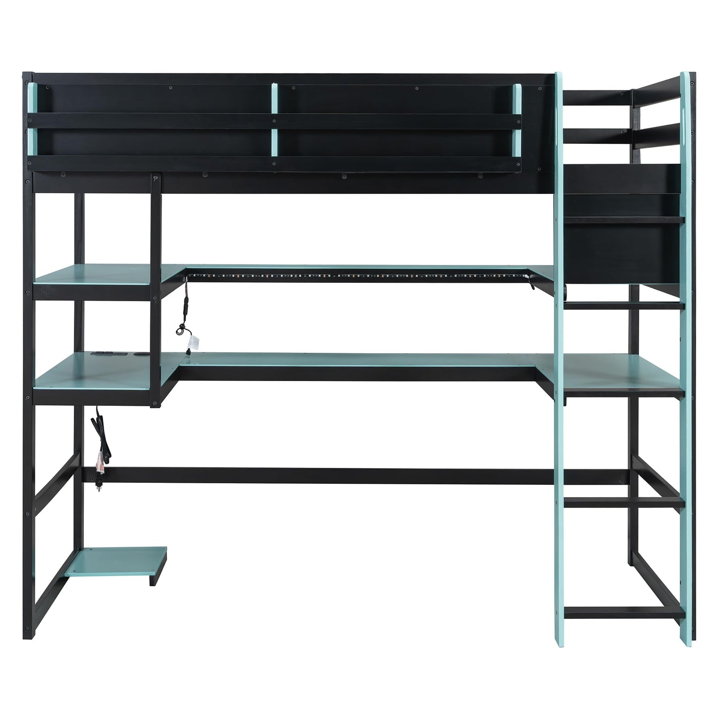Merax Twin Size Wood Loft Bed with Desk, Side Storage Rack, Multi-Storage Shelves and USB Ports, Space-Saving Loft Bed for Teens, Adults, Blue
