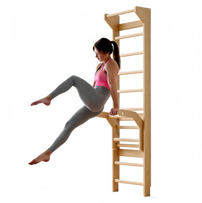 Swedish Ladder Wall Gym & Pull Up Bar Gymnastics Bar – Ultimate Wall Bars for Exercise with Adjustable Dip Bar Attachment, Wood Stall Bars for Home, Calisthenics, Physical Therapy and Kids Training (Burlywood)