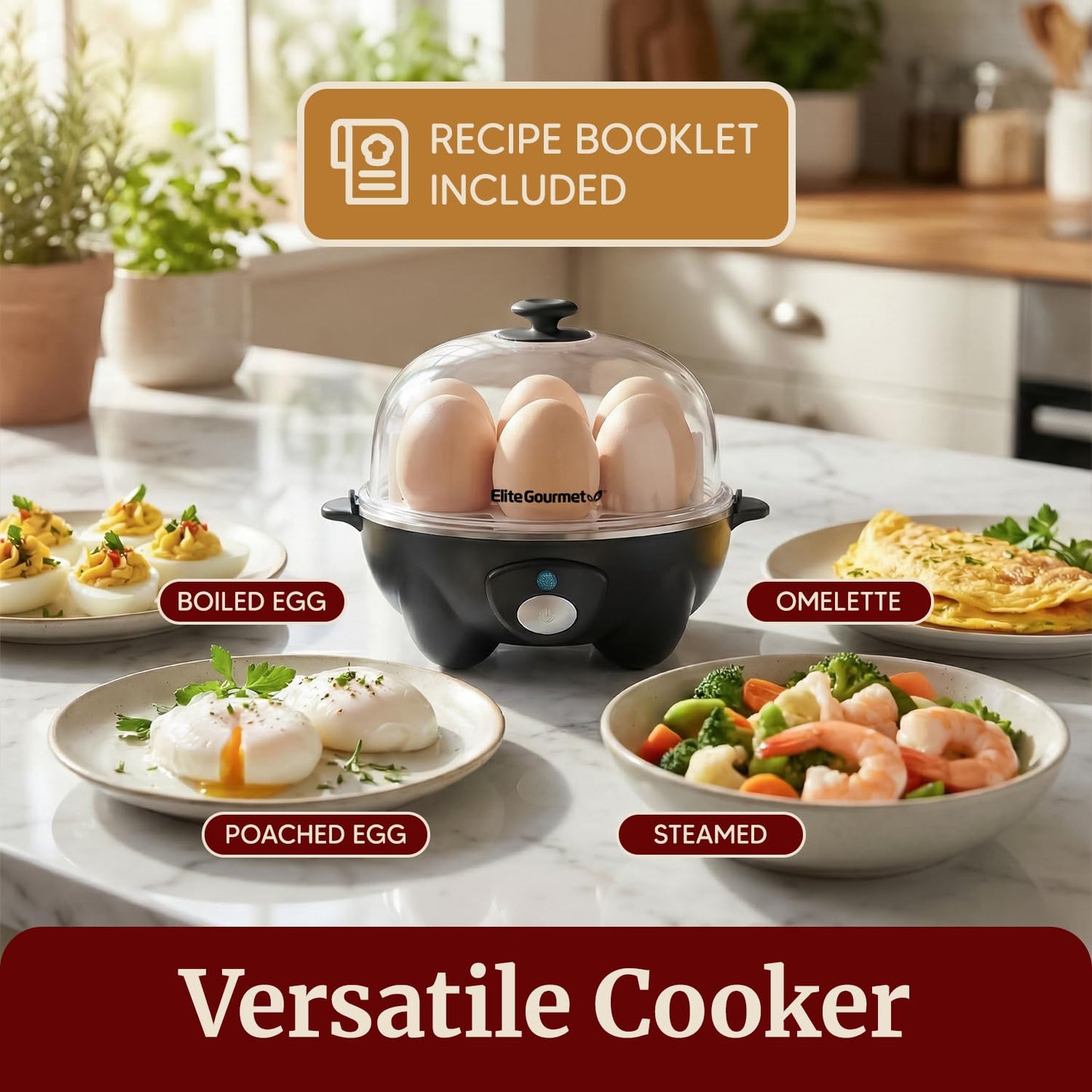 Elite Gourmet EGC-007B# Rapid Egg Cooker, 7 Easy-To-Peel, Hard, Medium, Soft Boiled Eggs, Poacher, Omelet Maker, Auto Shut-Off, Alarm, 16-Recipe Booklet, Black