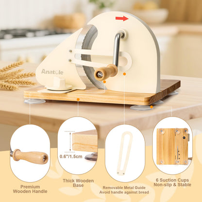 Anatole Foldable Manual Bread Slicer for Homemade Sourdough Bread with Engraved Scale Line Bread Guide Hand Crank Bread Cutter with Adjustable Thickness Stainless Steel Blade 6 Suction Cups