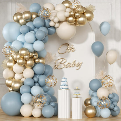 147pcs Dusty Blue Balloon Garland Arch Kit, Light Baby Blue Sand White Metallic Gold Confetti for Birthday Wedding