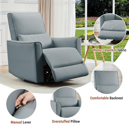 GarveeHome Swivel Rocking Recliner Chair, Upholstered Faux Leather Glider Recliner with Lumbar Support, high backrest & Padded armest, Manual Nursery Recliner for Living Room (Grey)