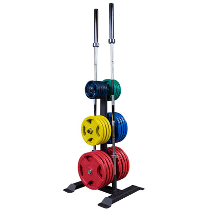 Body-Solid (GWT56) Heavy-Gauge Vertical Weight Tree Rack & Olympic Bar Holder, Commercial Bumper Plate Storage with 6 Chrome Weight Horns, Home Gym Weight Plates & Barbell Stand, 1000 lbs Capacity