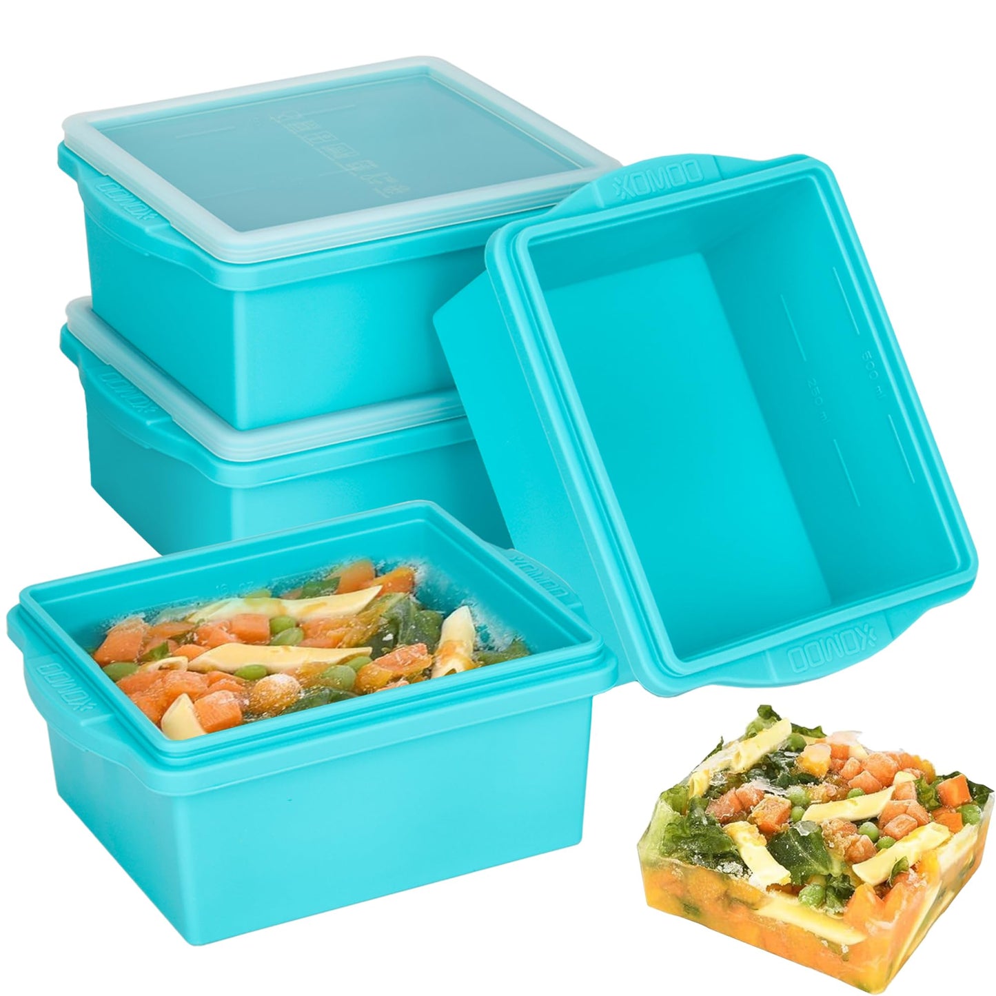Xomoo 2 Cup Silicone Freezer Trays with Lids, Silicone Soup Freezer Molds - Leakproof, BPA-Free, Stackable, Microwave & Dishwasher Safe, Perfect for Soups, Sauces, Meal Prep, and Baked Goods - 4 Pack