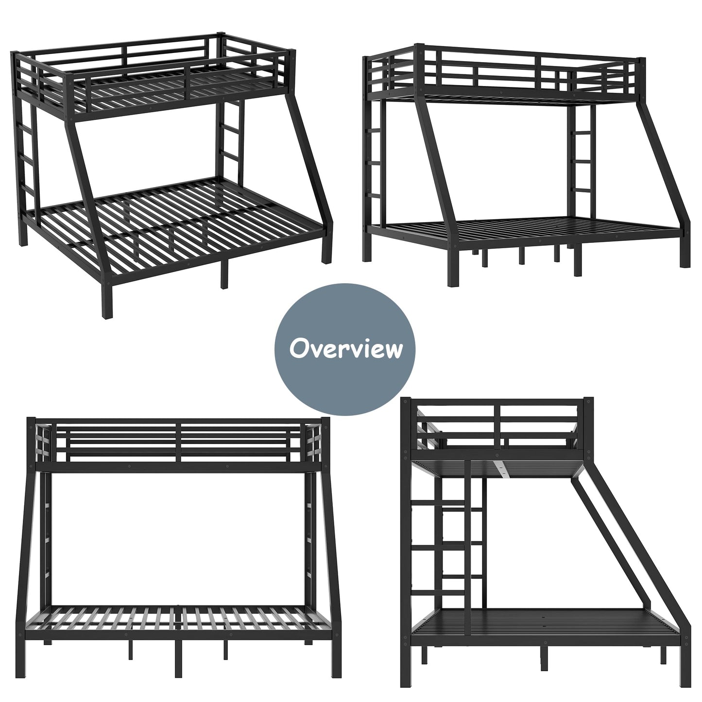 Bellemave Metal Twin XL Over Queen Bunk Bed for Adults/Kids,Heavy Duty Adults Bunk Beds with Guardrail & Ladders,Twin XL Over Queen Size Bunk Beds for Teens,Black