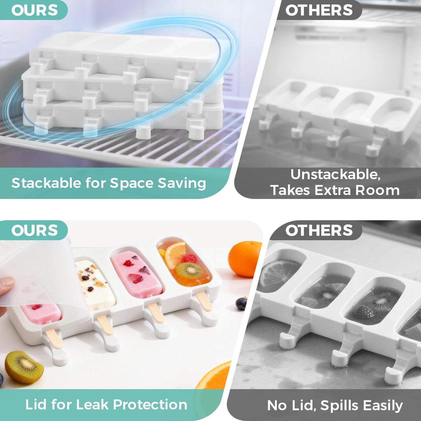 3 Set Popsicles Molds with Lids, Large Cake Pop Mold Cakesicle Mold 4 Cavities with 100 Wooden Sticks, Silicone Reusable Ice Pop Molds for Cake Pops, Ice Pops, Cakesicles, Ice Cream, White