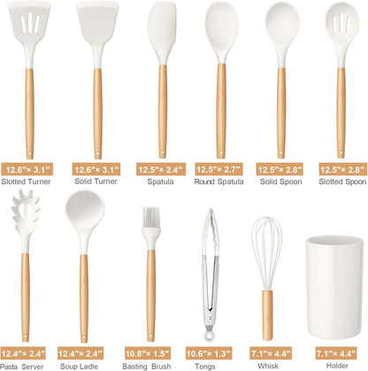 TeamFar Cooking Utensils Set, 12 Pcs Silicone Kitchen Gadgets for Nonstick Cookware, Wooden Handle Spatula Spoon