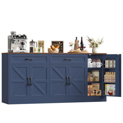 BOTLOG 71” Large Sideboard Buffet Cabinet with Storage, Farmhouse Buffet Cabinet with Adjustable Shelves and 3 Door Shelves, Wood Coffee Bar Console Table for Kitchen, Dining Room (Blue)