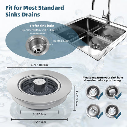 Hibbent Upgraded 3 in 1 Kitchen Sink Drain Strainer, Stainless Steel Pop Up Sink Stopper, Larger Anti-Clogging Basket, 3-Layer Seal, Detachable Drain Plug for US Standard 3-1/2" Drain, Brushed Nickel