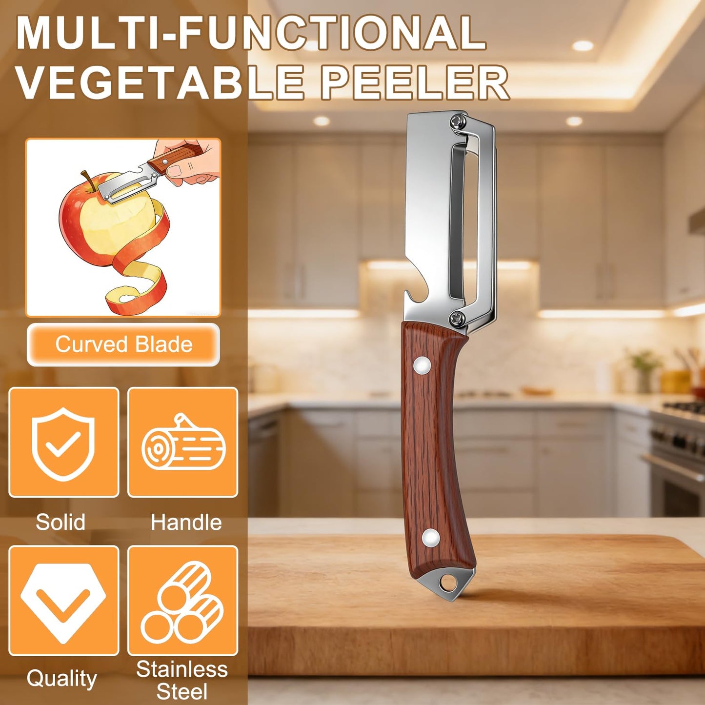 2PCS Multifunctional Vegetable Peeler for Kitchen, Premium Vegetable Peeler with Wooden Handle and Bottle Opener, Stainless Steel Blade Kitchen Tool for Fruit Apple Potato Pumpkin Papaya