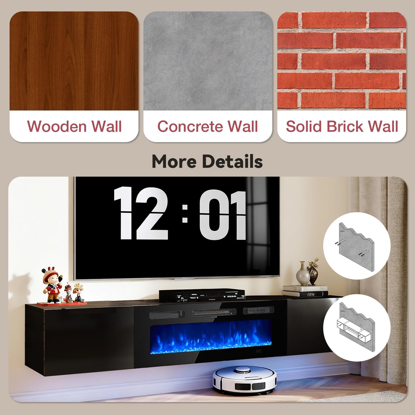 OneBlis 70'' Floating TV Stand with 36" Electric Fireplace, Wall Mounted Entertainment Center with Storage for TVs up to 80", Adjustable 12-Color LED Media TV Console for Living Room,All Black