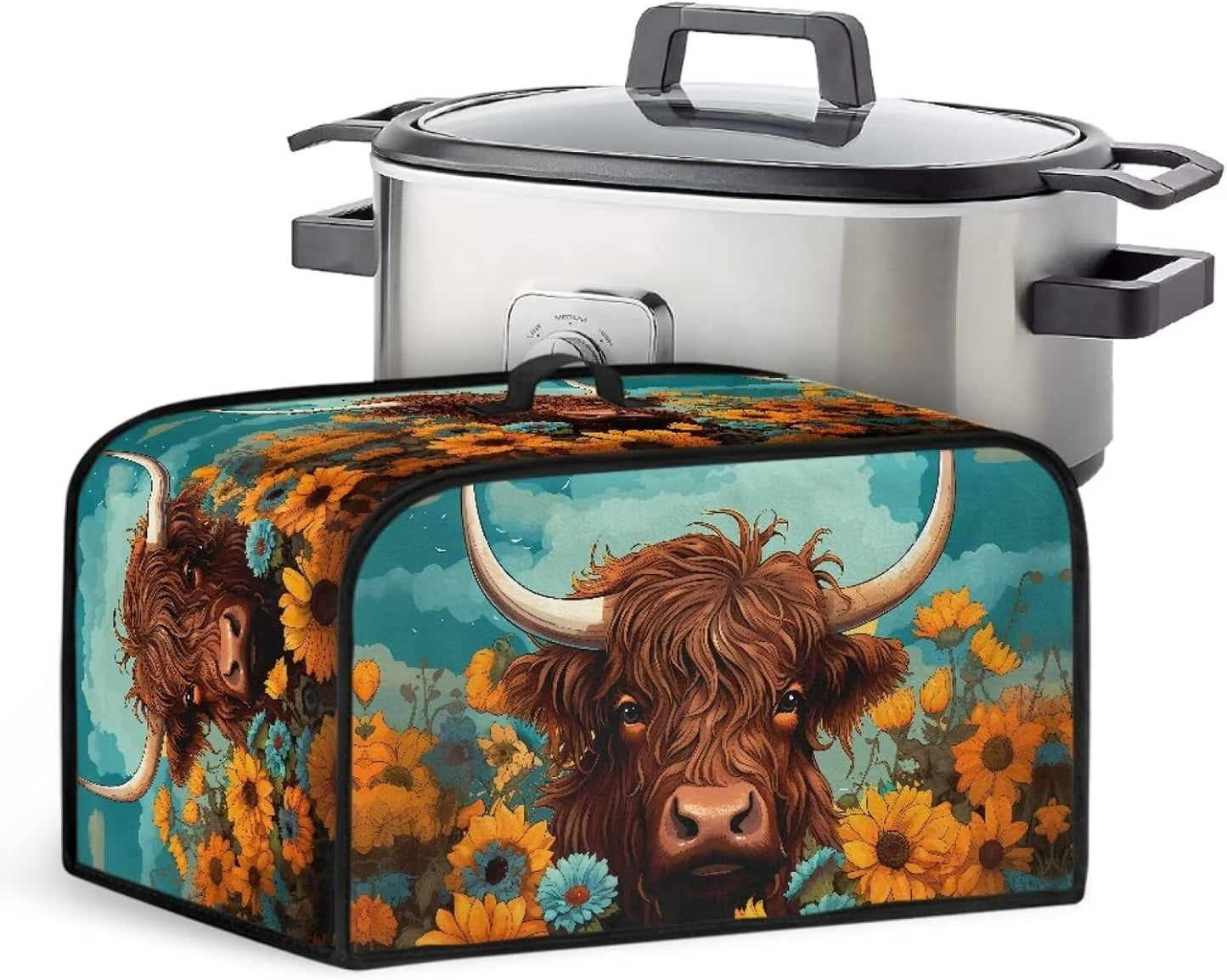 Highland Cow Slow Cooker Bags, Cattle Wildlife Dust Cover for Slow Cooker, Air Fryer Cover with Mesh Pockets
