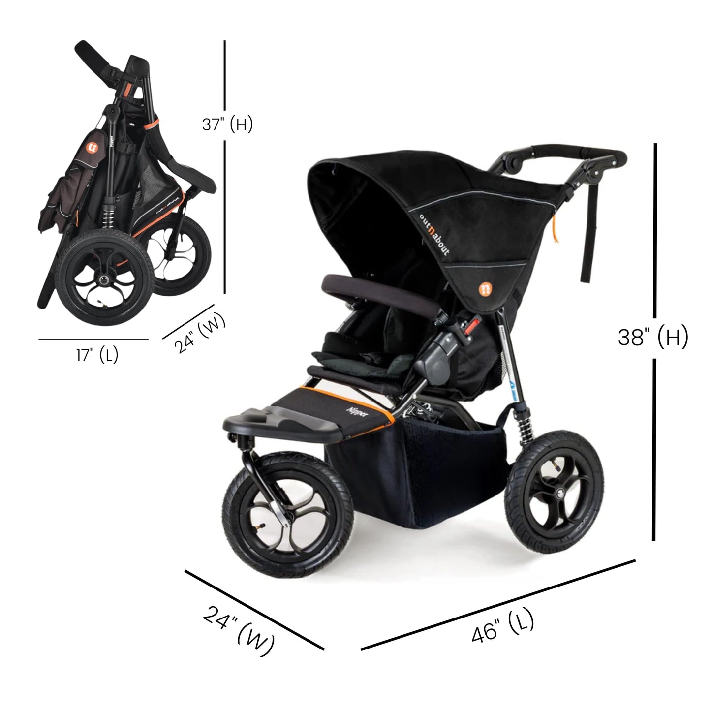 Out’n’About Nipper V5 Stroller & Rain Cover | Lightweight All-Terrain 3-Wheel Stroller, 12” Air-Filled Tyres, Swivel-Lock Front Wheel, One-Piece Fold, Newborn to Toddler 4 Years | Summit Black