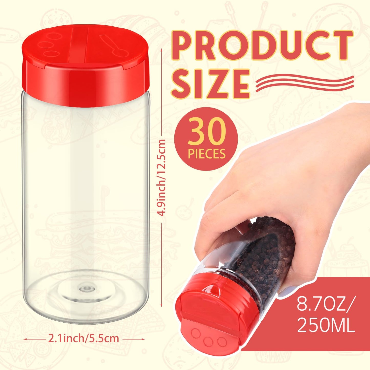 Uiifan 30 Pack 8.7 oz/250 ml Plastic Spice Jar with Shaker Lids Clear Seasoning Containers Empty Seasoning Bottles Red Lids Jars for Kitchen Storing Seasoning Salt Sugar Pepper Powder
