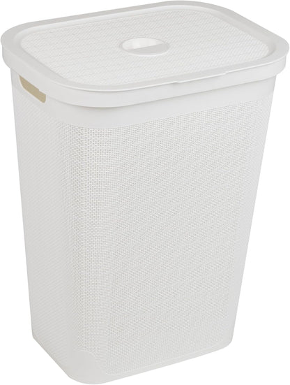 Mind Reader 60L Slim Laundry Hamper, Clothes Basket with Lid, Linen Design, Plastic, 18.25”L x 14.25”W x 23.5”H, White