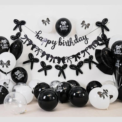 Bow Coquette Birthday Decorations - Black & Silver Party Set with Happy Birthday Banner & Heart Foil Balloons