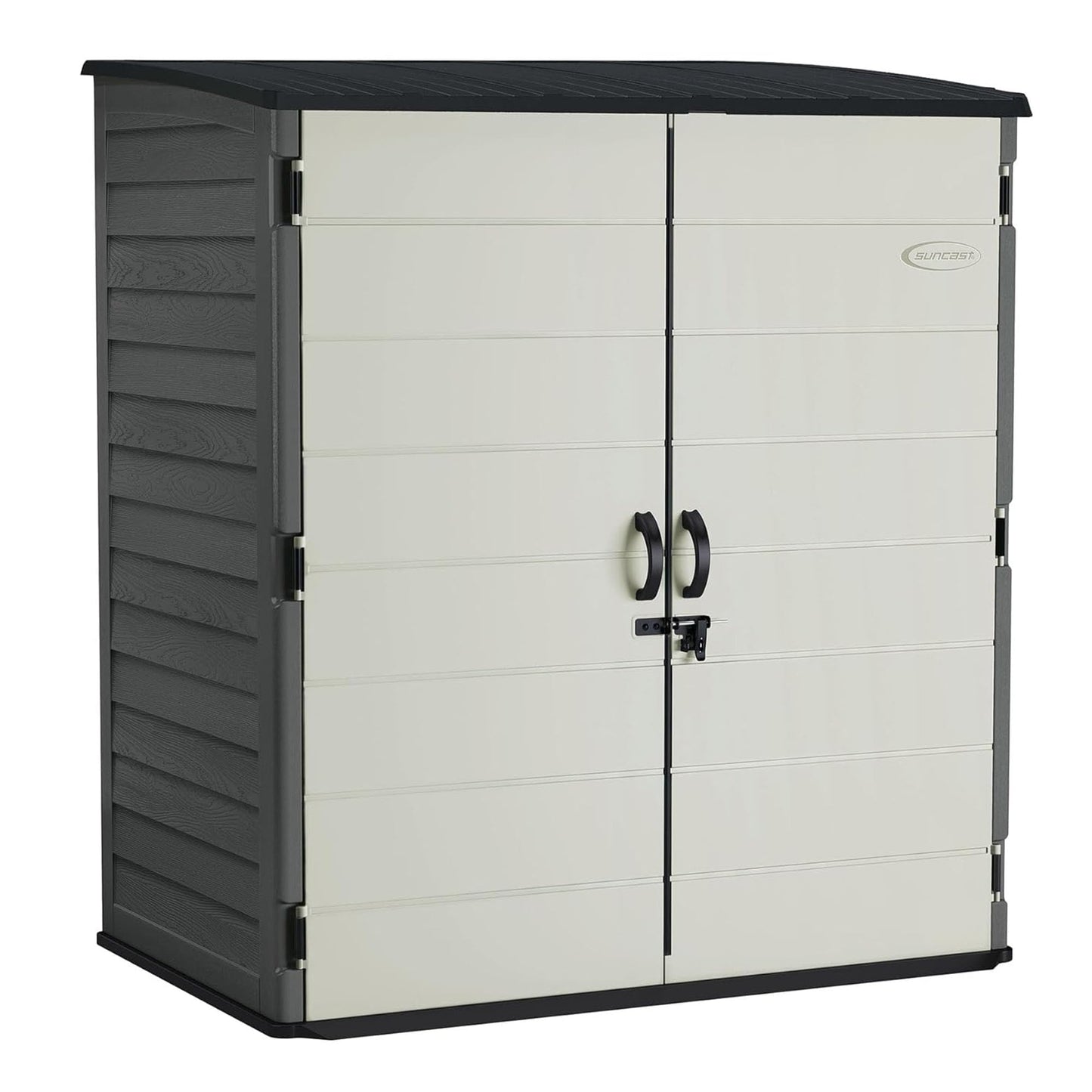 Suncast 106 Cu Ft Extra Large Vertical Outdoor Storage Shed - Resin Shed & Outdoor Storage with Floor and Lockable Double Doors, Weatherproof for Garden Tools, Pool Equipment, & Patio Cushions