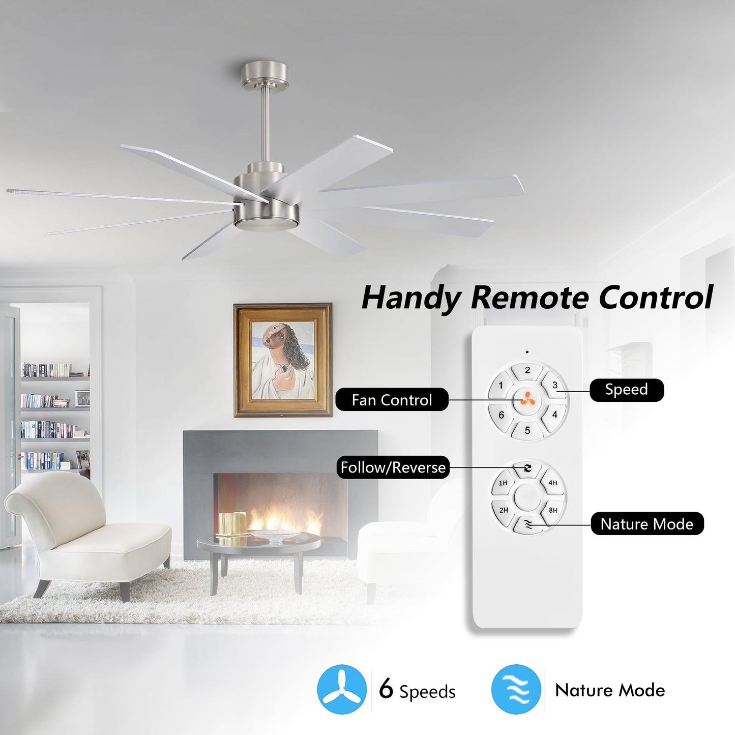 WINGBO 72" Large DC Ceiling Fans without Lights, 3 Downrods, 8 Plywood Blades, 6-Speeds Reversible DC Motor, Indoor Ceiling Fan No Lights for Bedroom Living Room Patio, Brushed Nickel and Silver