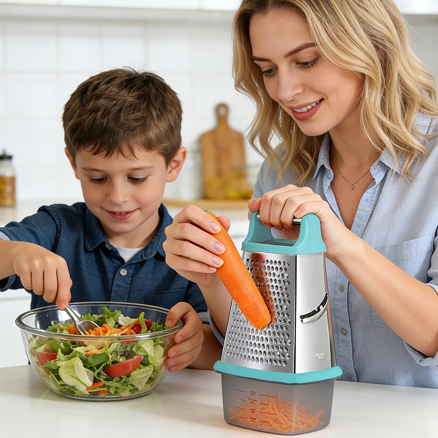Ourokhome Cheese Grater with Handle, Stainless Steel Box Grater, 4 Side Kitchen Vegetable Shredder Slicer Zester with Container for Parmesan, Cabbage, Ginger, Lemon, Chocolate, Coconut (Teal)