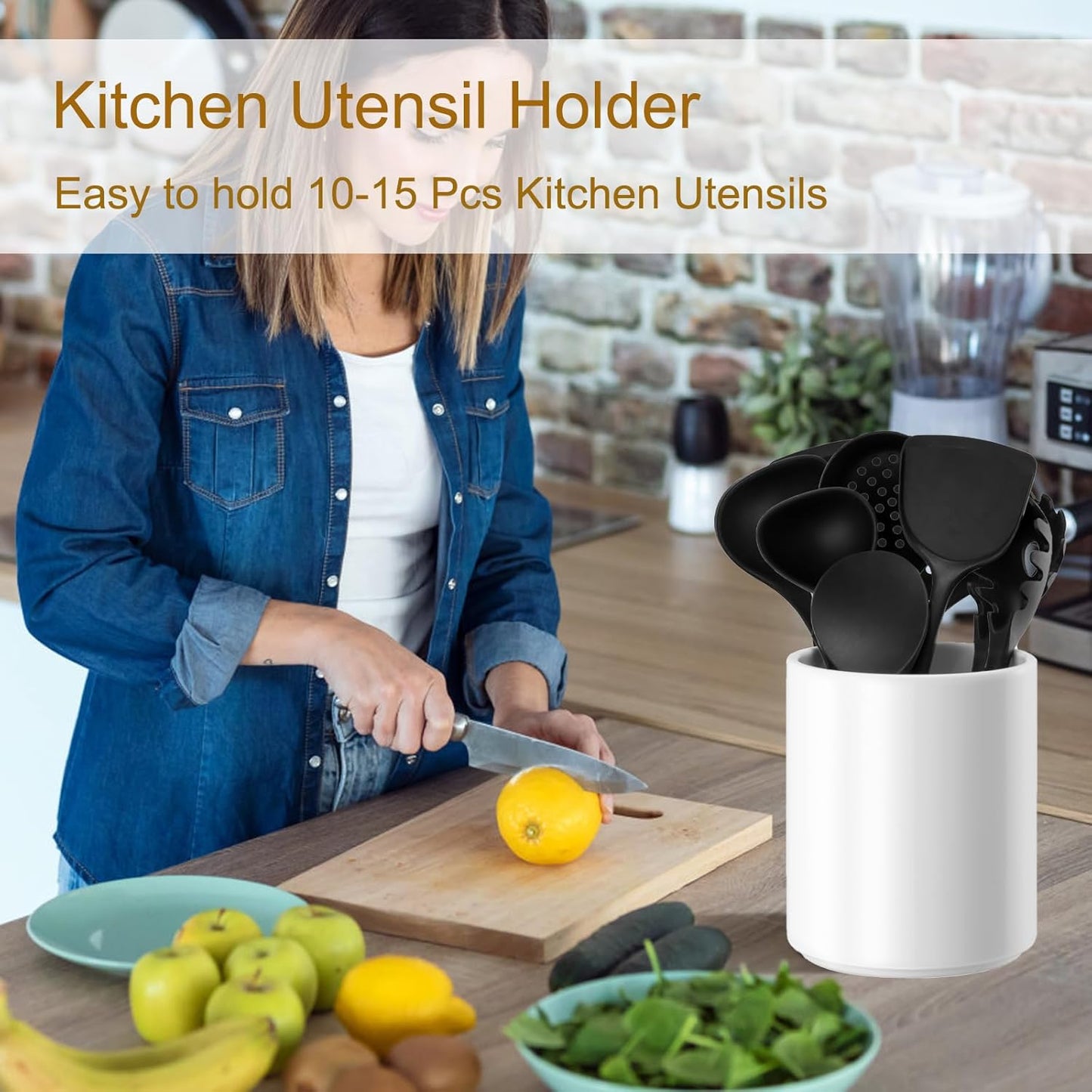 Utensil Holder for Kitchen Countertop, Ceramic Cooking Utensil Holder, Large Modern Spatula Organizer, 6.5”H x 5.5”D