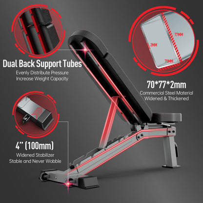 JOROTO Adjustable Weight Bench, 1300LBS Foldable Bench Press Bench of Home Gym Strength Training, Incline Decline Flat Utility Workout Bench with Wheels, Extended Backrest | Multiple Positions