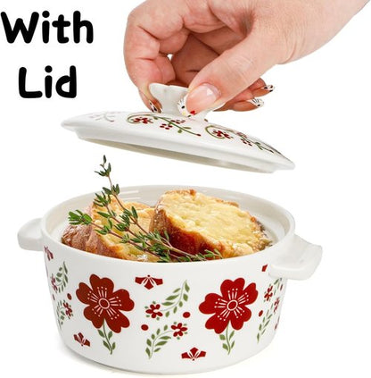 Coloch Mini Cocotte Set - 4 Pack 8 Oz Ceramic Ramekins with Lids | Oven Safe Red Casserole Dishes