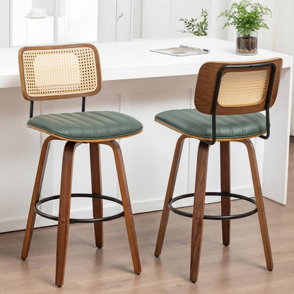Set of 2 Swivel Bar Height Stools, 30.3 Inch Rattan Cane Back, Faux Leather Upholstered Seat, Solid Wood Frame with Walnut Finish, Metal Footrest, Mid Century Kitchen Island & Home Bar Stools, Green