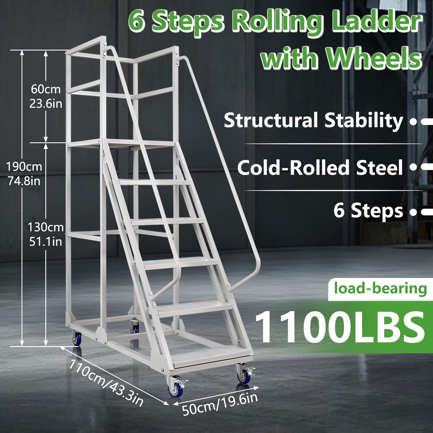 6 Steps Rolling Ladder, Mobile Platform Ladders with Handrails, Industrial & Warehouse Non-Slip Stair Ladder, Heavy Duty Step Ladders for Home Library Outdoor, 1100lbs Capacity