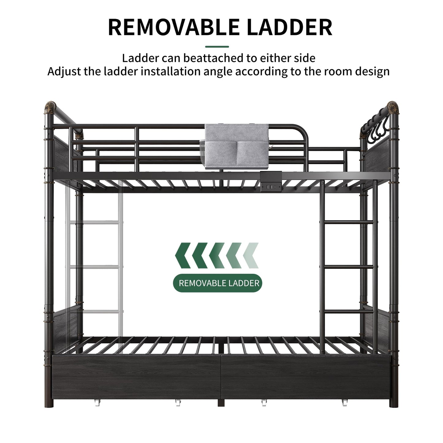 Jocoevol Metal LED Bunk Bed Twin Over Twin with 2 Storage Drawers, USB Charging Station, Industrial Bunkbeds Heavy Duty Bed with Safety Guardrail and Ladder, No Box Spring Needed, Black
