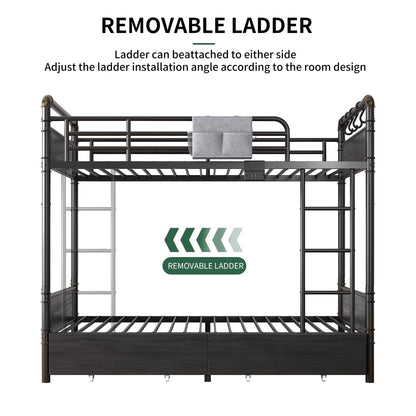 Jocoevol Metal LED Bunk Bed Twin Over Twin with 2 Storage Drawers, USB Charging Station, Industrial Bunkbeds Heavy Duty Bed with Safety Guardrail and Ladder, No Box Spring Needed, Black