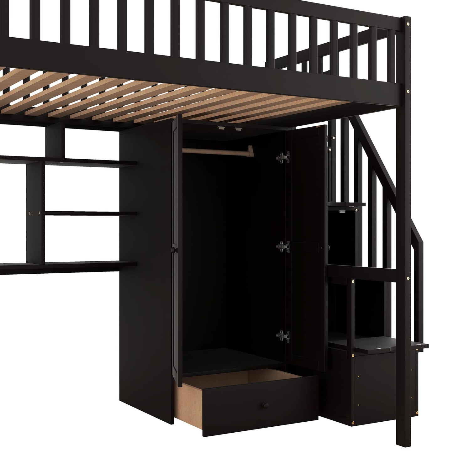 Full Size Loft Beds Stairway Loft Bed Frame with Wardrobe, Desk, Bookcase and Drawers, Espresso