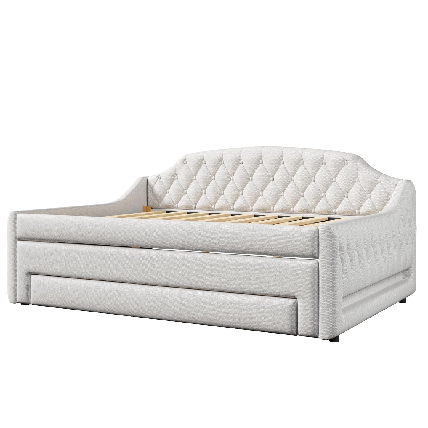 Merax Upholstered Full Size Daybed with LED Lights, Trundle & 3 Drawers, Linen Sofa Bed for Guest Room & Small Spaces, Beige