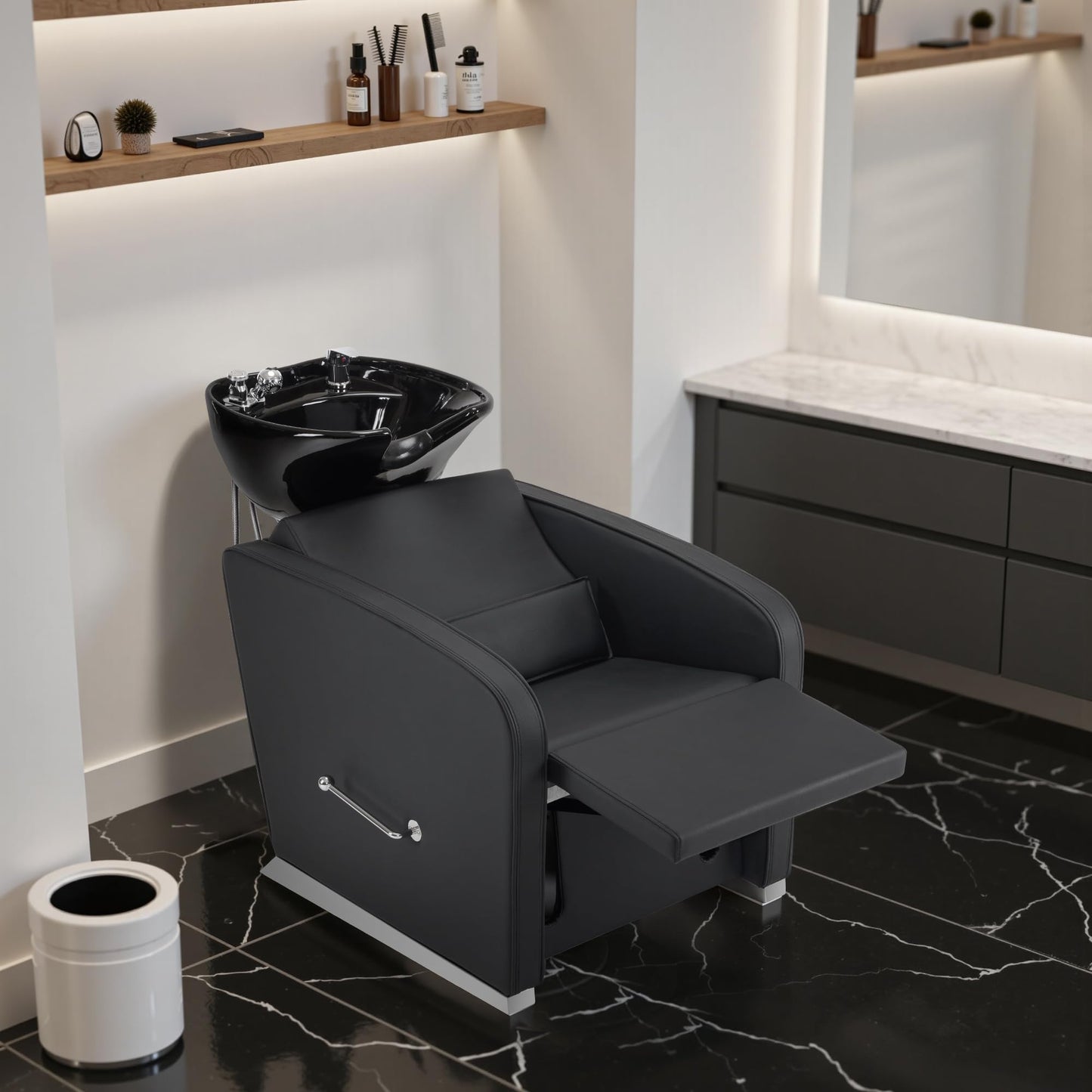 BarberPub Backwash Shampoo Station Chair, Adjustable Porcelain Ceramic Hair Wash Bowl Sink Unit Station, Reclining Shampoo Station Chair for Spa Beauty Salon Hair Salon Equipment 9303 (Black)