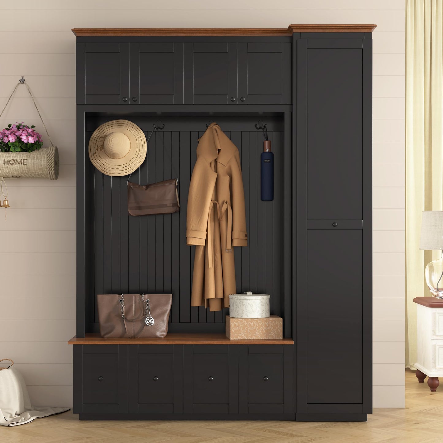 Shaical Hall Tree with Bench and Pull-Out Storage, 5-in-1 Entryway Shoe Bench with Coat Rack & 4 Drawers 2 Cabinets 4 Hooks, 78.7''H Wooden Storage Organizer for Hallway, Mudroom, Entrance, Black